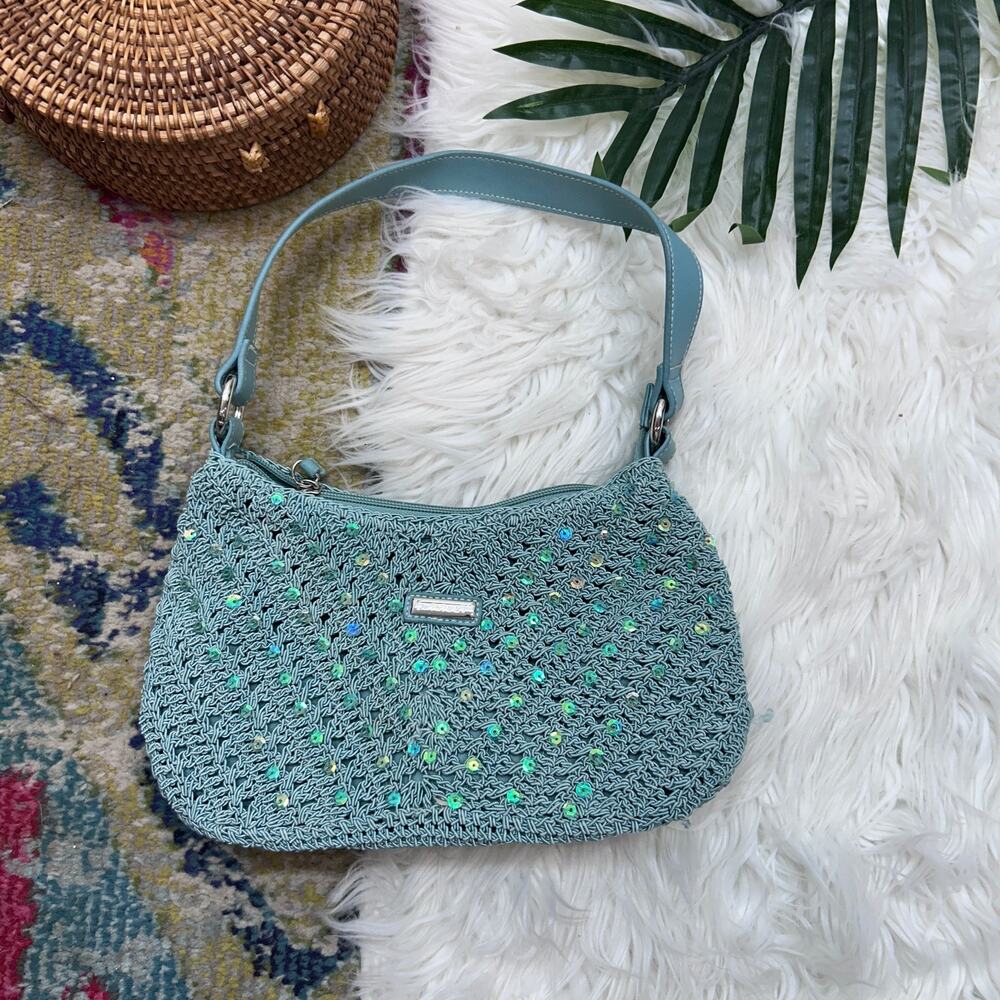 Vintage Y2K 2000s Minicci Blue Sequins Shoulder Bag Purse Knit